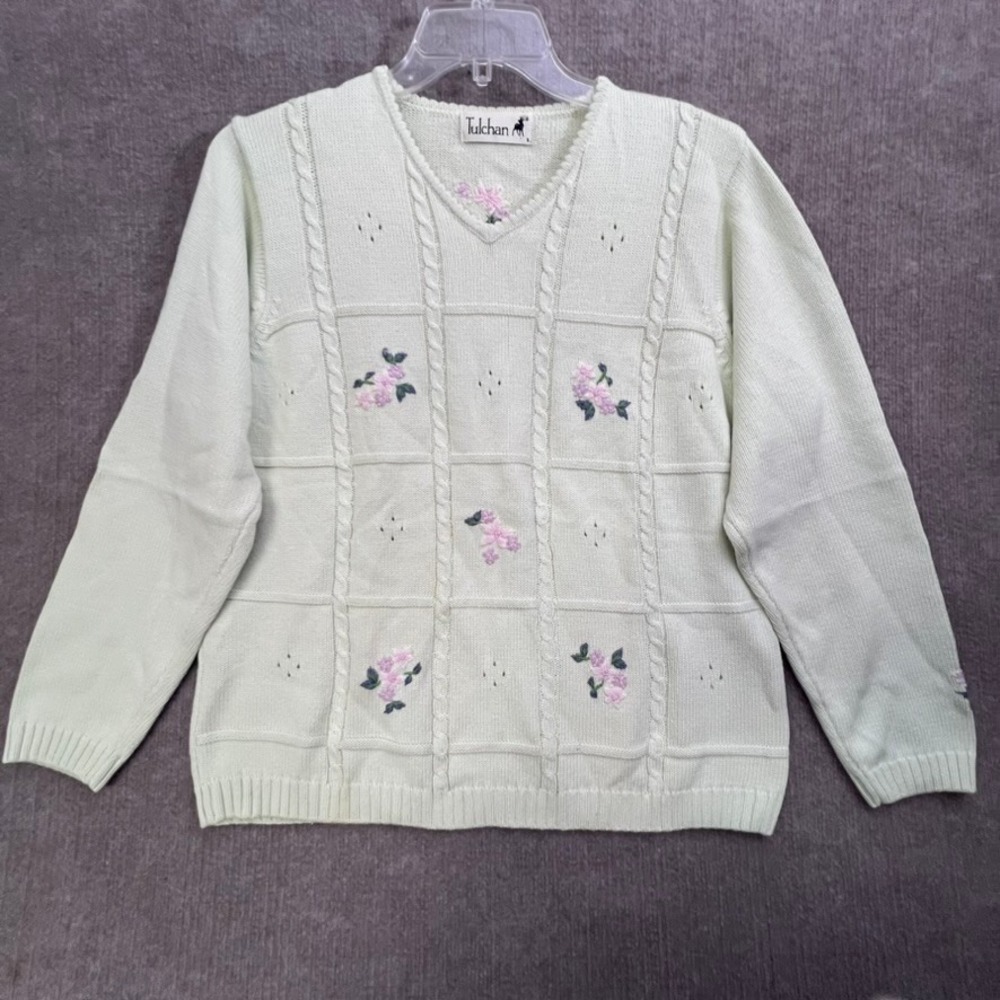 Tulchan Womens Sweater Large Green‎ Floral Embroidered Knit V Neck